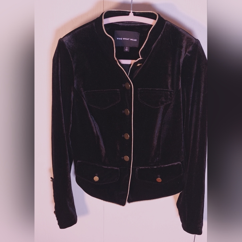 Who What Wear Black Velvet Lined Jacket Size Small Military Style Gold Trim Glam - Picture 10 of 12